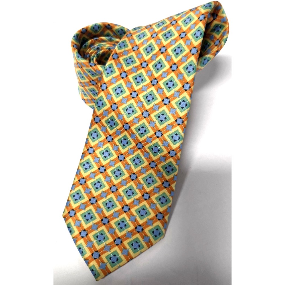 Perry Ellis Necktie Orange/Yellow/Blue/Mint Geometric Diamond Print Poly Tie - Picture 4 of 8